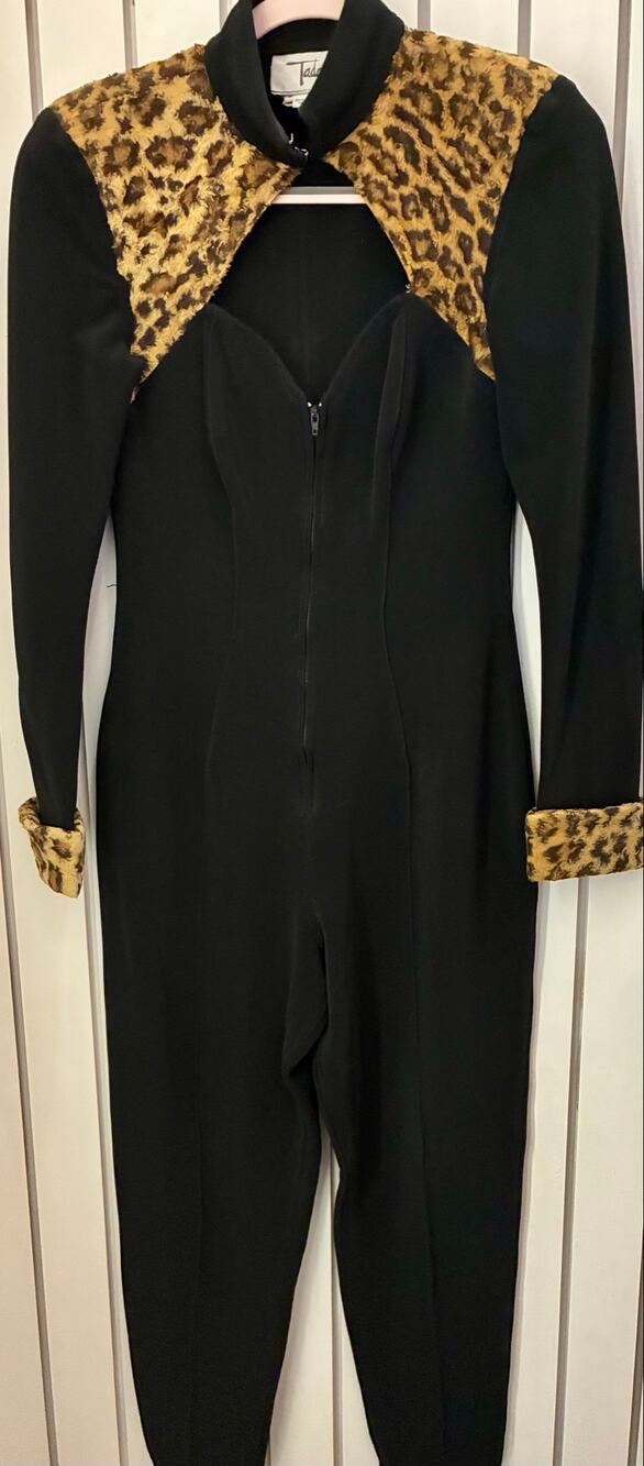 Vintage 1980s Tadashi Black Stretch Leopard Jersey Catsuit